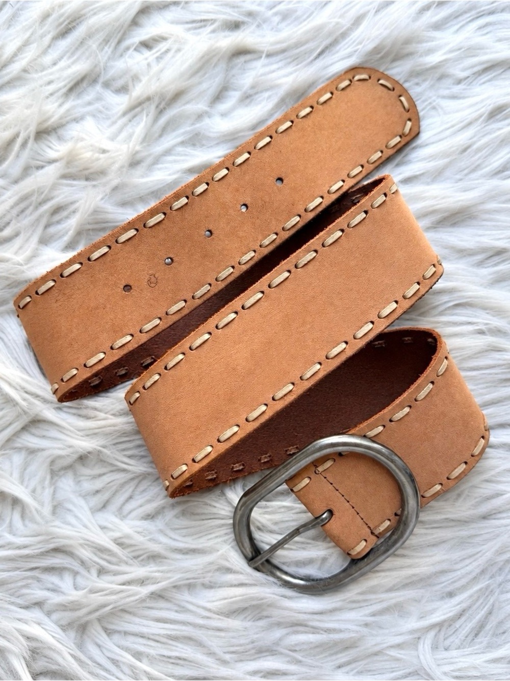 Vintage Nine West Genuine Leather Wide Tan Contrast Stitch Belt Silver Oval